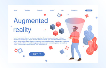 Landing page template of virtual augmented reality glasses concept with man learning and entertaining. Concept of web page design for website and mobile website. Vector illustration.