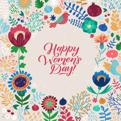 Fototapeta na wymiar Happy Womans Day Calligraphy Design on Square Floral Background. Vector illustration. Womans Day Greeting Calligraphy Design in Bright Colors. Template for a poster, cards, banner. - Vector