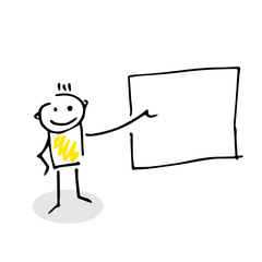 Stick figure showing something on a blank board.