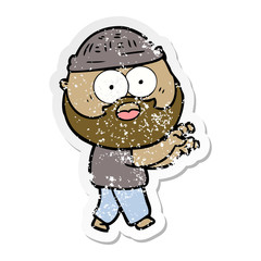 distressed sticker of a cartoon bearded man grasping