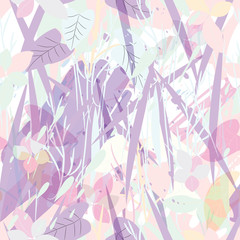 Military camouflage texture with trees, branches, grass and watercolor stains. Vector illustration. Camouflage military background in modern style.