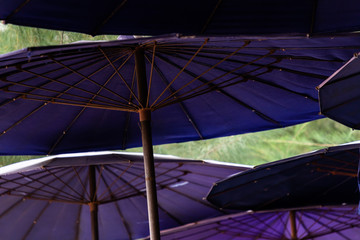 Close up under a lot of old purple beach umbrellas