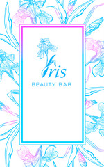 Iris flower logo in the style of engraving. Beauty logo.  Beauty Bar. Brochure flyer design template. Romantic design for natural cosmetics, perfume, women products.