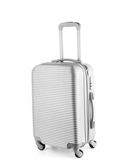 Premium grey travel suitcase with wheels. Trolley bag diagonal view