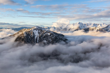 Aerial view of a beautiful Canadian Landscape during a winter sunset. Taken north of Vancouver, British Columbia, Canada.