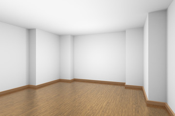 White empty room with brown wood parquet floor.