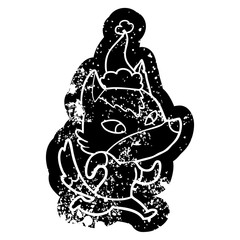 friendly cartoon distressed icon of a wolf wearing santa hat