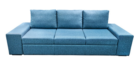 Blue sofa fabric couch. Classic modern divan on isolated background