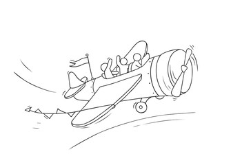 Sketch of little people fly on plane.