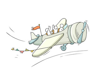 Obraz premium Sketch of little people fly on plane