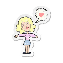 retro distressed sticker of a cartoon woman in love