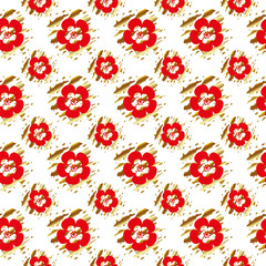 Fototapeta na wymiar Seamless pattern of red flowers and gold details on a white background. Vector illustration