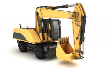 Wheeled hydraulic excavator with bucket isolated on white background. 3d illustration. Perspective. Front side view. Right side.