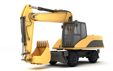 Wheeled hydraulic excavator with bucket isolated on white background. 3d illustration. Perspective. Front side view. Left side.