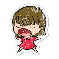 distressed sticker of a cartoon woman talking loudly