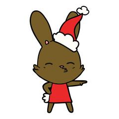 curious bunny line drawing of a wearing santa hat