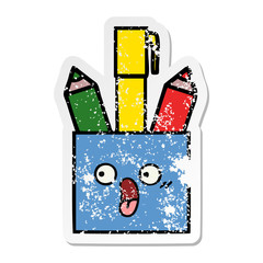 distressed sticker of a cute cartoon pencil pot
