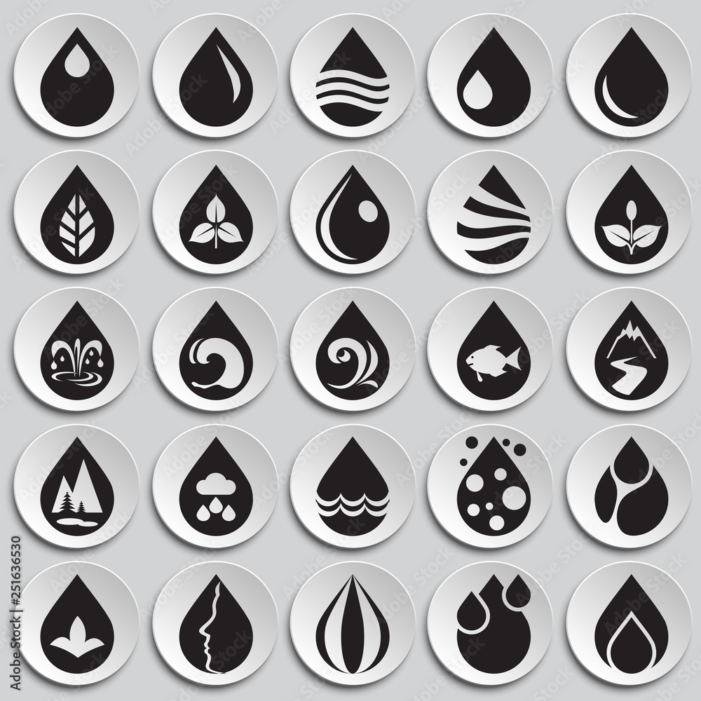 Poster drop water icons set on plates background for graphic and web design, modern simple vector sign. int