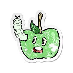 retro distressed sticker of a cartoon apple with bug