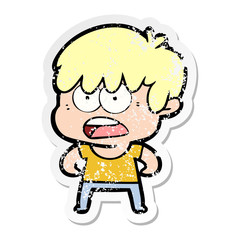 distressed sticker of a worried cartoon boy