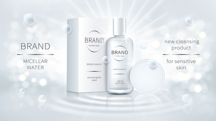 Vector cosmetic promo poster for make-up remover. White plastic bottle and carton pack for micellar water stands on wavy water surface on white glowing background with air bubbles Mock up for magazine