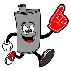 Car Muffler Mascot running with a Foam Finger - A vector cartoon illustration of a car muffler mascot running with a Foam Hand.