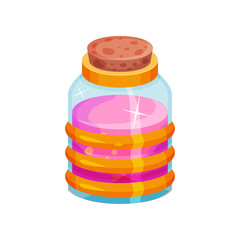 Glass bottle with potion. Container with cork and pink liquid. Flat vector icon for mobile game