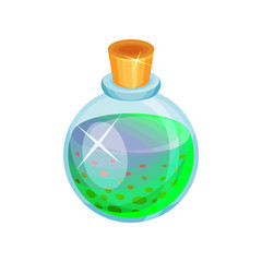 Flat vector icon of round glass bottle with potion. Toxic blue-green liquid. Magic elixir. Element for mobile game
