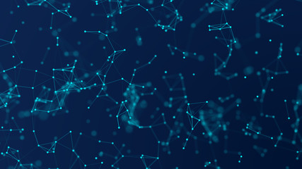 Abstract digital background with cybernetic particles. geometric background with triangular cells. Bright blue digital illustrations with polygons on dark background. Plexus connected lines motion