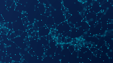 Abstract digital background with cybernetic particles. geometric background with triangular cells. Bright blue digital illustrations with polygons on dark background. Plexus connected lines motion