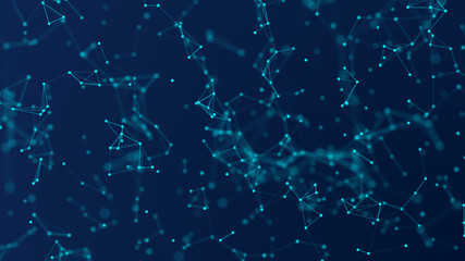 Abstract digital background with cybernetic particles. geometric background with triangular cells. Bright blue digital illustrations with polygons on dark background. Plexus connected lines motion