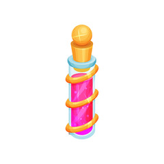 Potion in cylindrical glass bottle with golden lid. Bright pink liquid. Magic love elixir. Flat vector icon