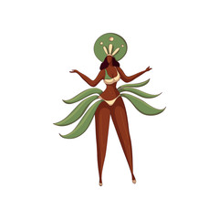 Beautiful dancing woman in bikini with feathers and headdress. Brazilian samba dancer. Brazil festival. Vector design
