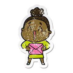 distressed sticker of a cartoon happy old lady
