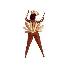 Trendy vector design of Brazilian samba dancer, back view. Latino woman in dancing action. Girl in bikini with feathers