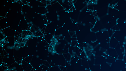 Abstract digital background with cybernetic particles. geometric background with triangular cells. Bright blue digital illustrations with polygons on dark background. Plexus connected lines motion