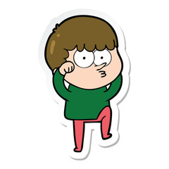 sticker of a cartoon curious boy rubbing eyes in disbelief