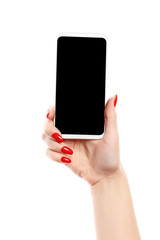 Hands of a young girl holding a smartphone isolated on white background. Perfect manicure.