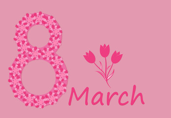 Women s day background with russian text. March 8 international holiday. Paper greeting card with number and date. Vector illustration.