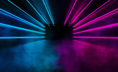 The background of an empty room with concrete walls and floor tiles. Pink and blue neon light,...