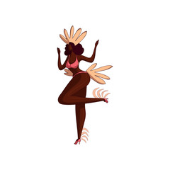 Attractive Latino girl in dancing action. Woman in bikini and headdress with feathers. Samba dancer. Vector design
