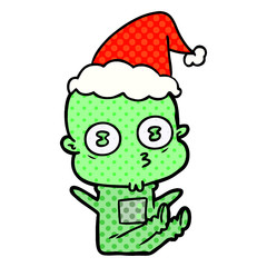 comic book style illustration of a weird bald spaceman wearing santa hat