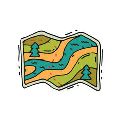 Map with route, river and fir trees in doodle style. Tourism and camping theme. Hand drawn vector design