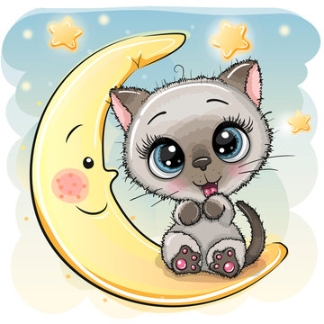 Cute Cartoon Kitten is sitting on the moon