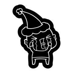 cartoon icon of a crying bald man wearing santa hat