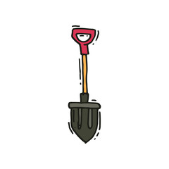 Hand drawn vector icon of small metal shovel in doodle style. Camping equipment. Tool for digging