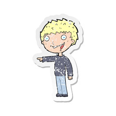 retro distressed sticker of a cartoon happy boy laughing