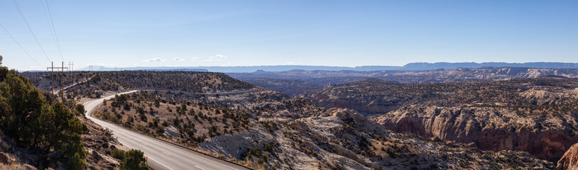 Scenic road in the desert during a vibrant sunny day. Taken on Route 12, Utah, United States of America.