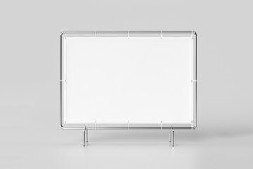 Realistic image (layout, mock-up) of a blank fabric banner, advertising stand, outdoor poster, rectangular wall streamer with metal (iron) frame. 3D rendering