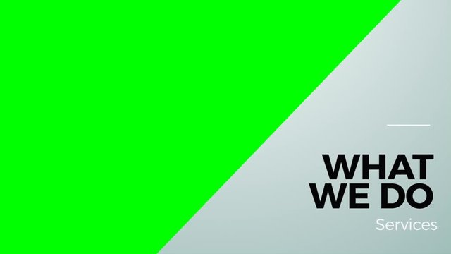 Set of 7 Company Profile Text Slides on Green Screen For Business Promo Chapter Headings. Featuring Services, Approach, Team, Portfolio, History, Contact, Results and Testimonials.